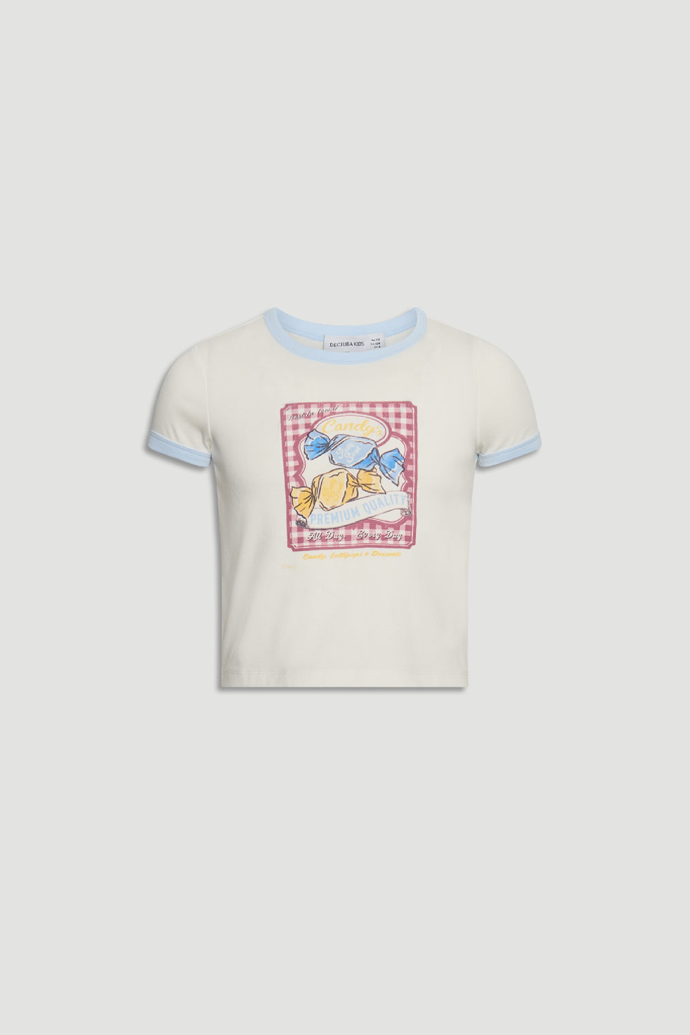 Girls Cropped Ringer Tee in cream with light blue trim and candy graphic, designed for playful casual girls' style by DECJUBA Australian brand