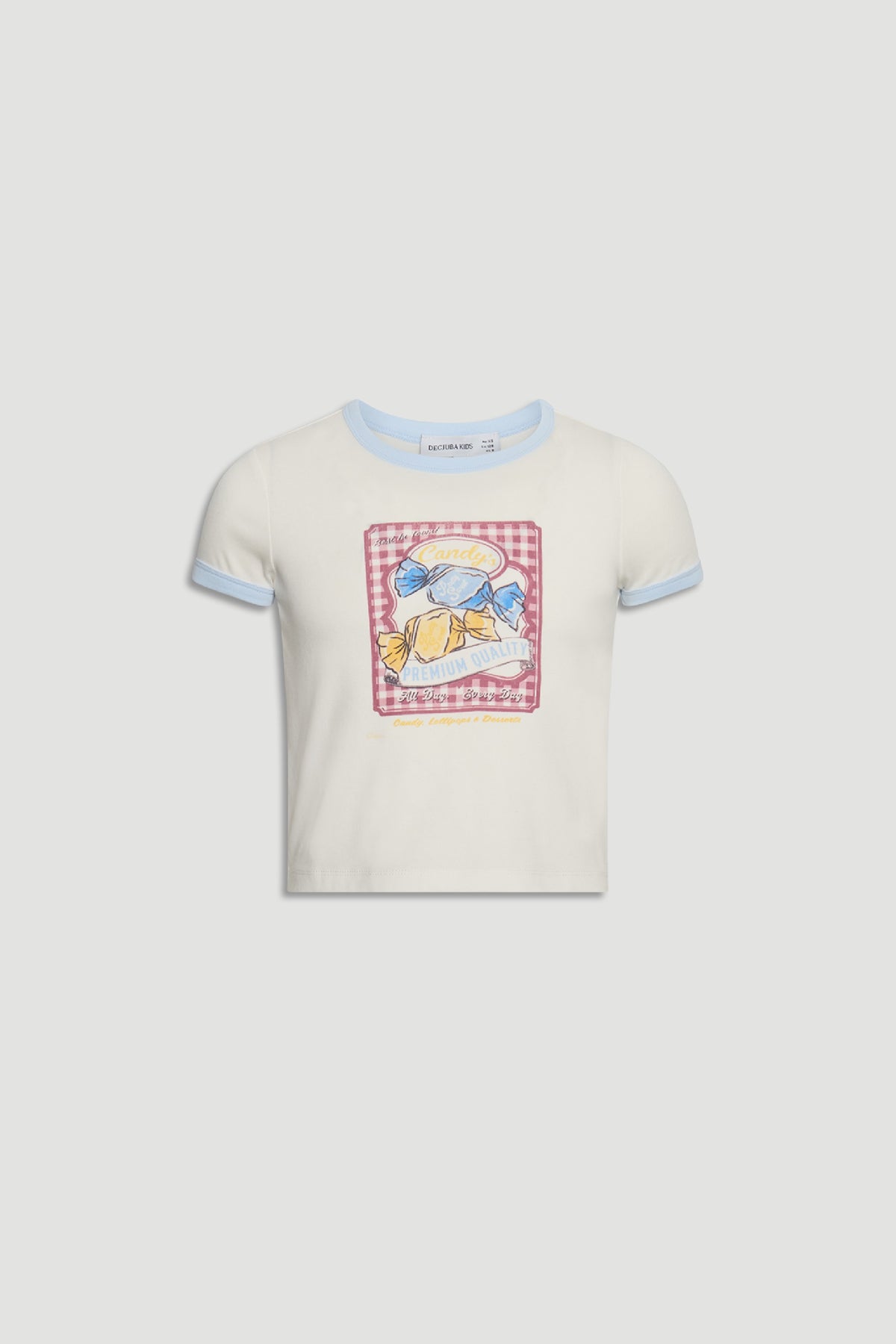 Girls Cropped Ringer Tee in cream with light blue trim and candy graphic, designed for playful casual girls' style by DECJUBA Australian brand