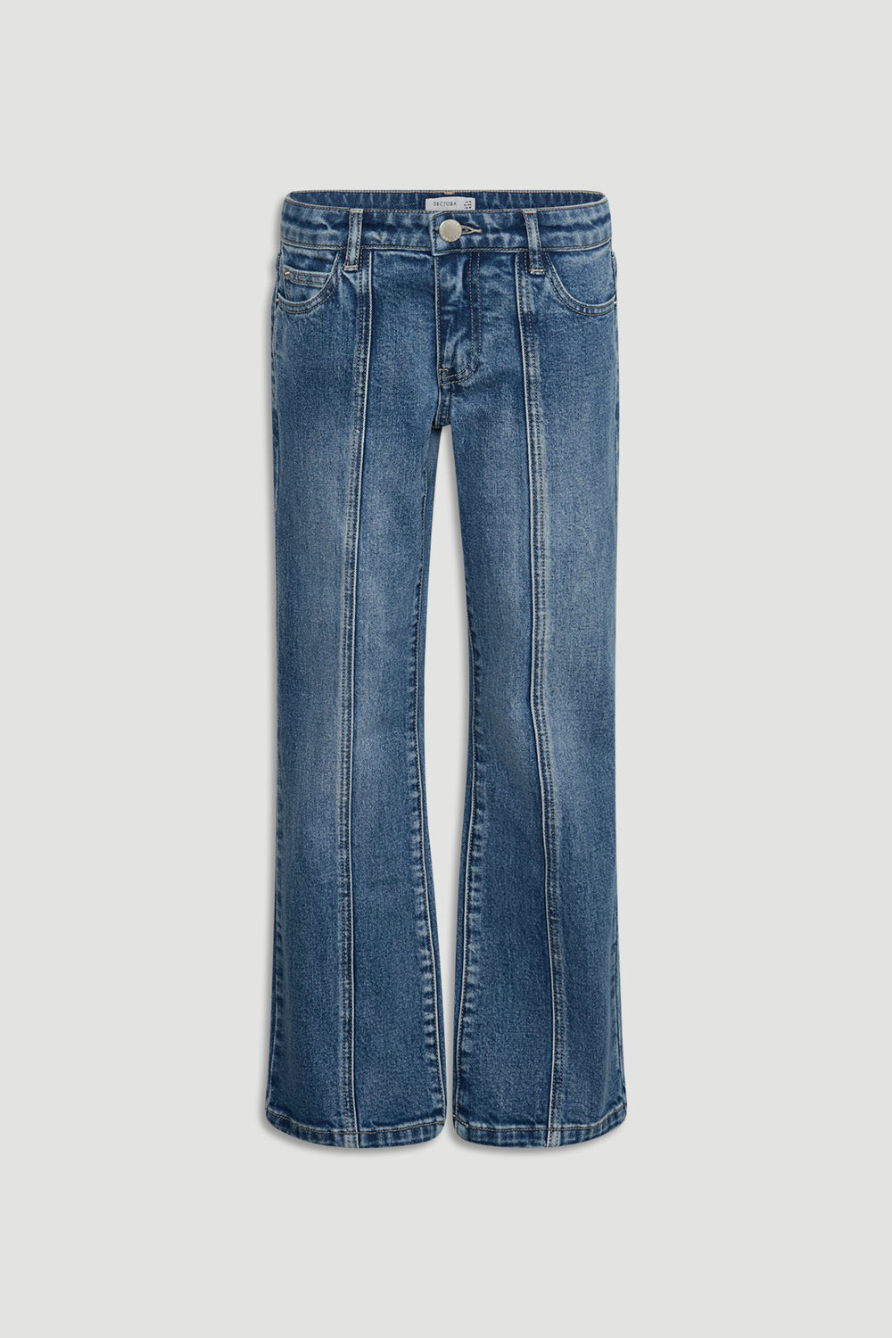 Girls Lucy Flare Jean in mid-blue denim with front panel seams and a comfortable flare by DECJUBA Australian fashion brand