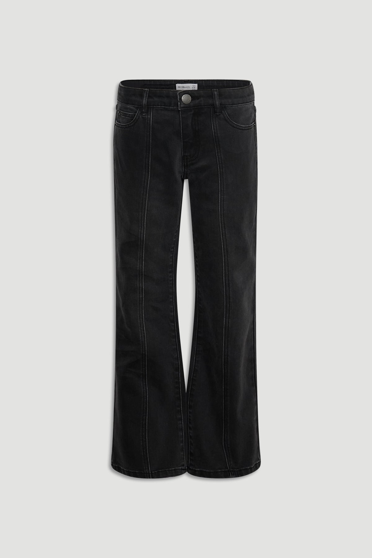 Girls Lucy Flare Jean in washed black denim with vertical seam accents and a stylish flare by DECJUBA Australian fashion brand