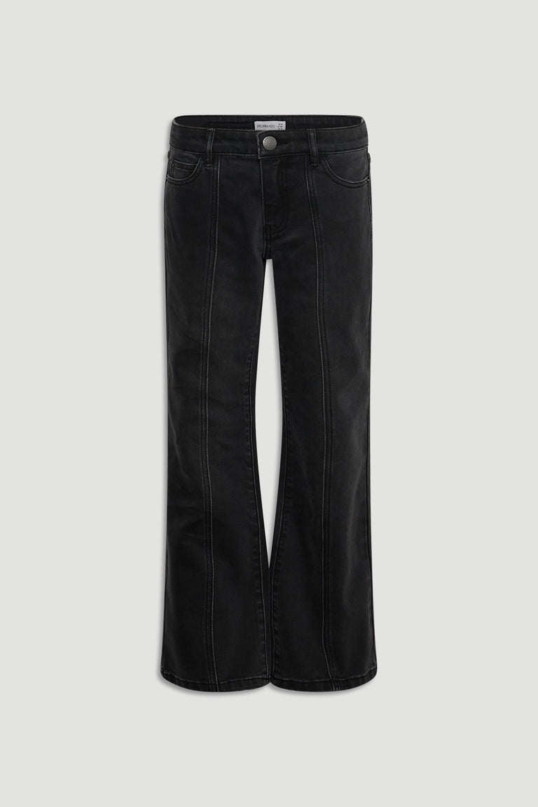 Girls Lucy Flare Jean in washed black denim with vertical seam accents and a stylish flare by DECJUBA Australian fashion brand