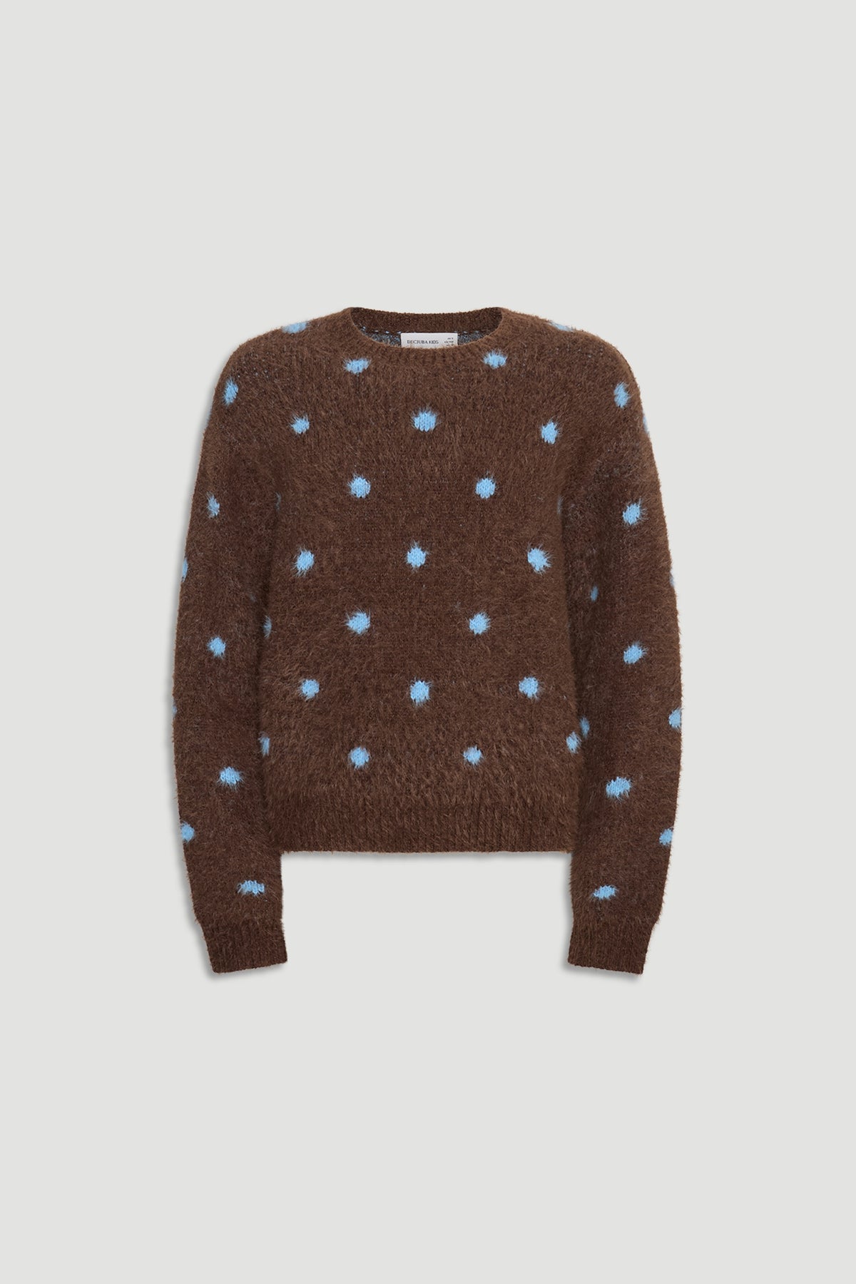 Girls Fluffy Crew Knit Jumper in rich brown with soft blue polka dots, featuring a cozy, textured knit design by DECJUBA.