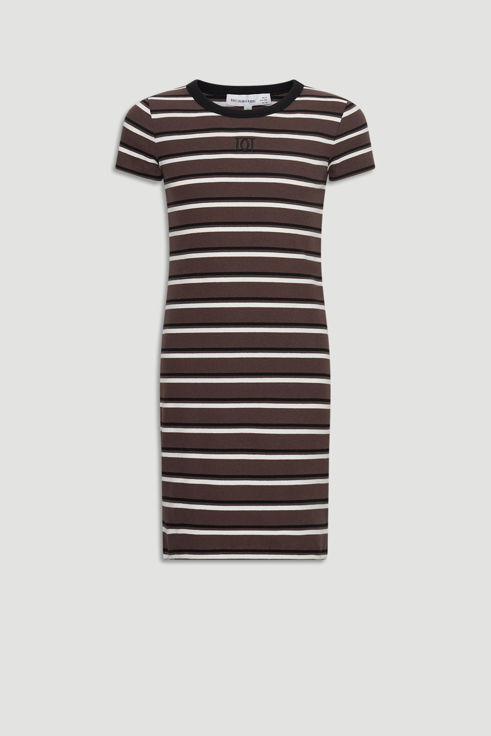 Fitted girls dress with short sleeves featuring horizontal stripes in brown, black, and beige tones.