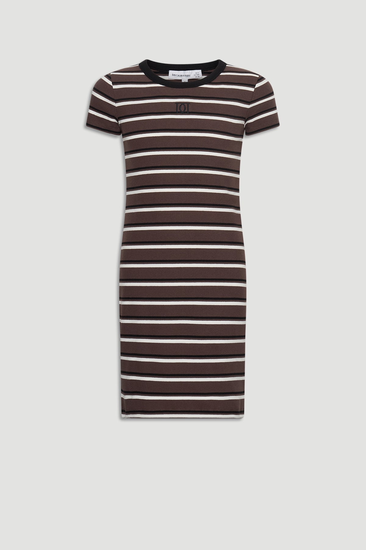 Fitted girls dress with short sleeves featuring horizontal stripes in brown, black, and beige tones.