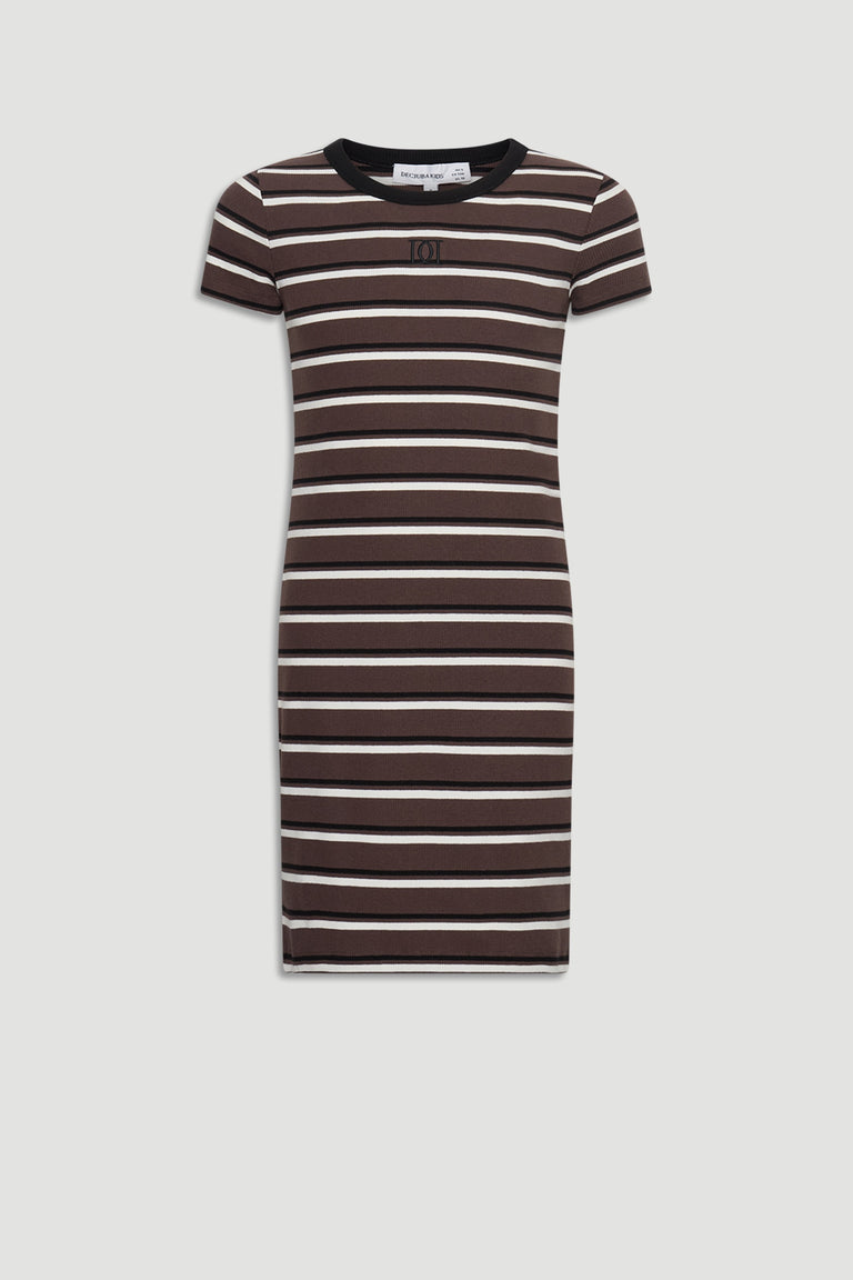 Fitted girls dress with short sleeves featuring horizontal stripes in brown, black, and beige tones.