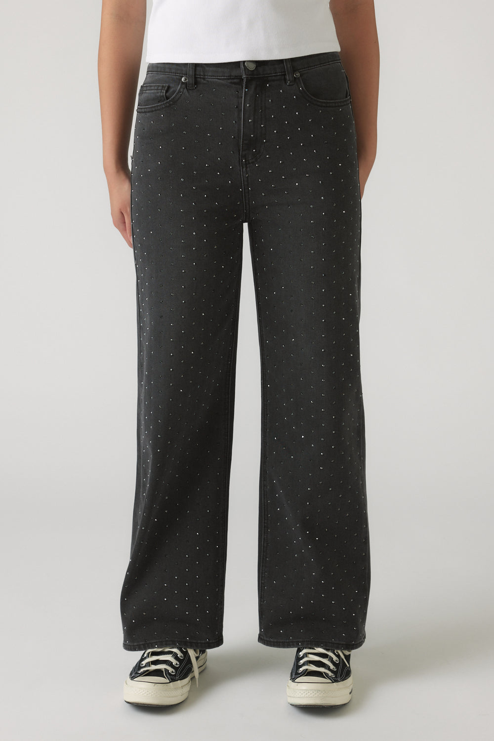 Front view of Girls Hailey Extra Long Jean in black denim with all-over subtle sparkle detail and relaxed wide leg fit