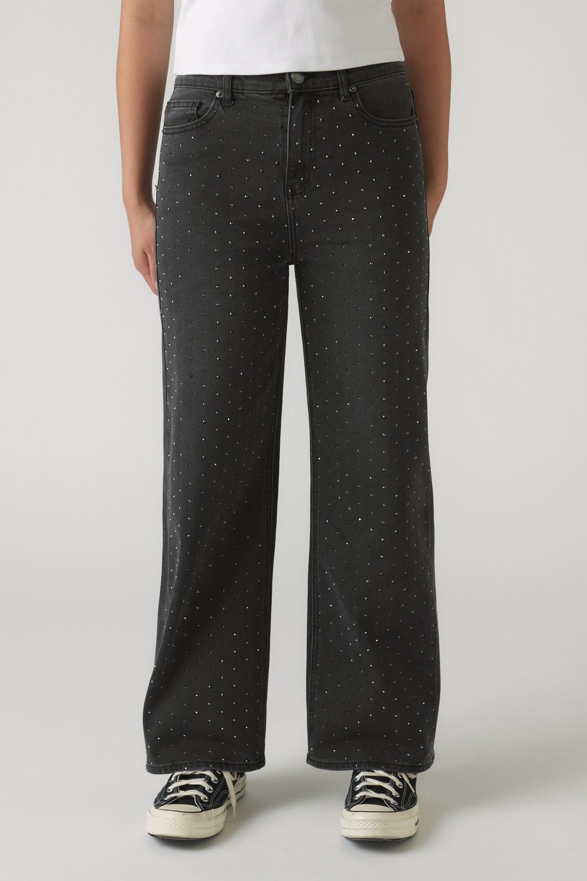 Front view of Girls Hailey Extra Long Jean in black denim with all-over subtle sparkle detail and relaxed wide leg fit