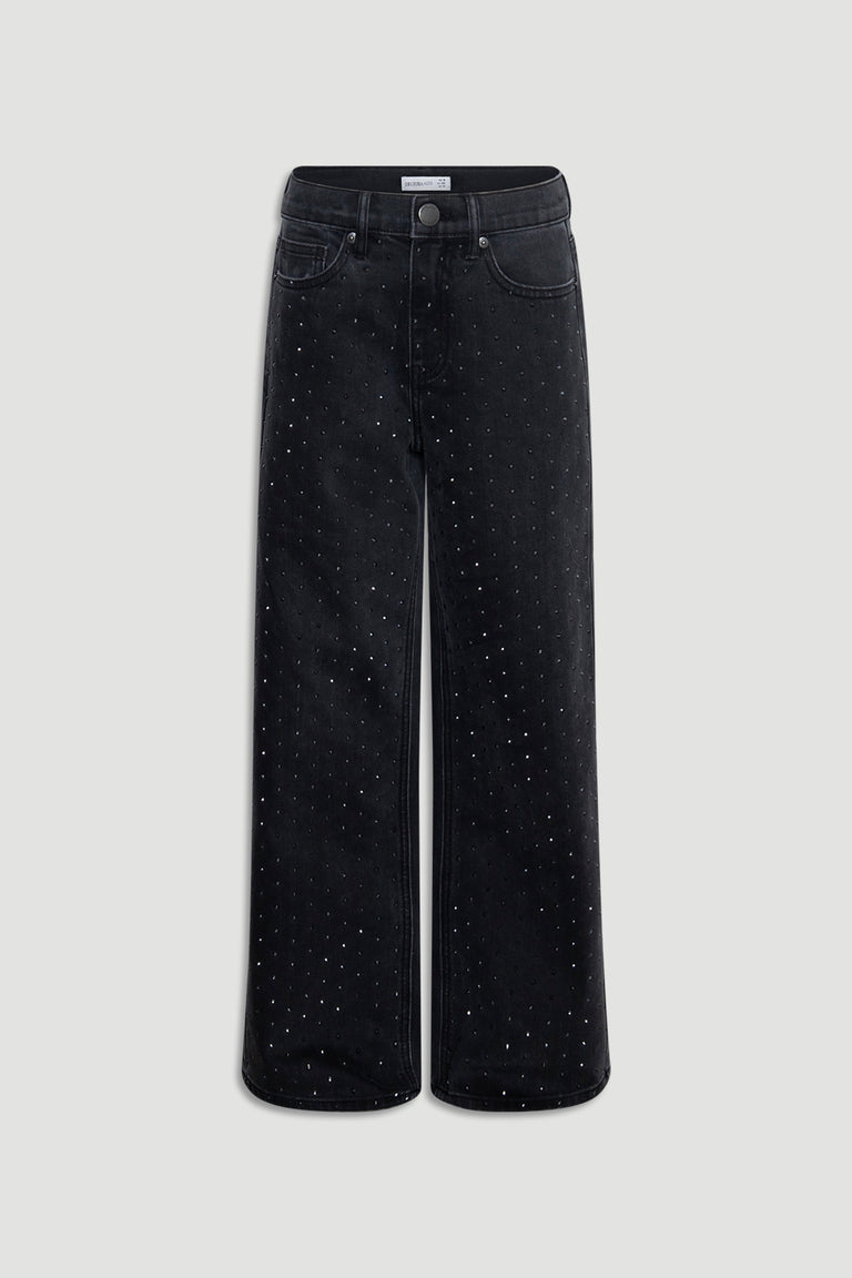 Girls Hailey Extra Long Jean in black denim embellished with subtle sparkle details and a relaxed long leg fit.