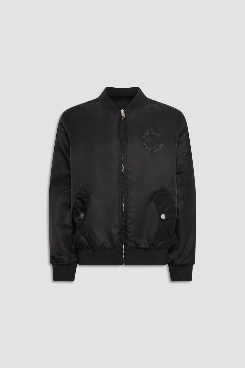 Black girls bomber jacket with a sleek finish, ribbed cuffs, and front snap pockets for casual style.