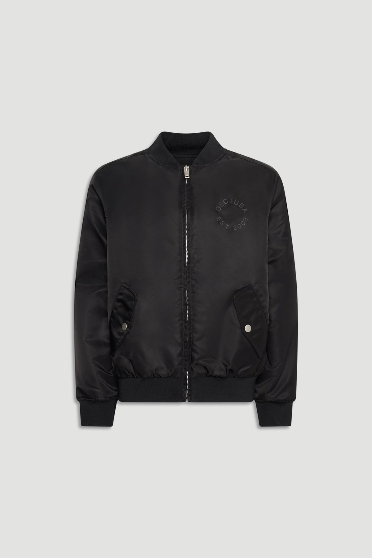 Black girls bomber jacket with a sleek finish, ribbed cuffs, and front snap pockets for casual style.