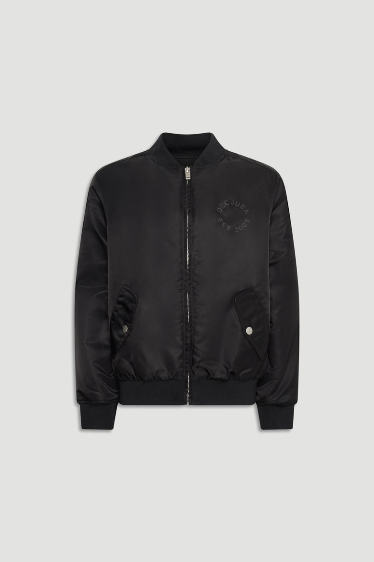 Black girls bomber jacket with a sleek finish, ribbed cuffs, and front snap pockets for casual style.
