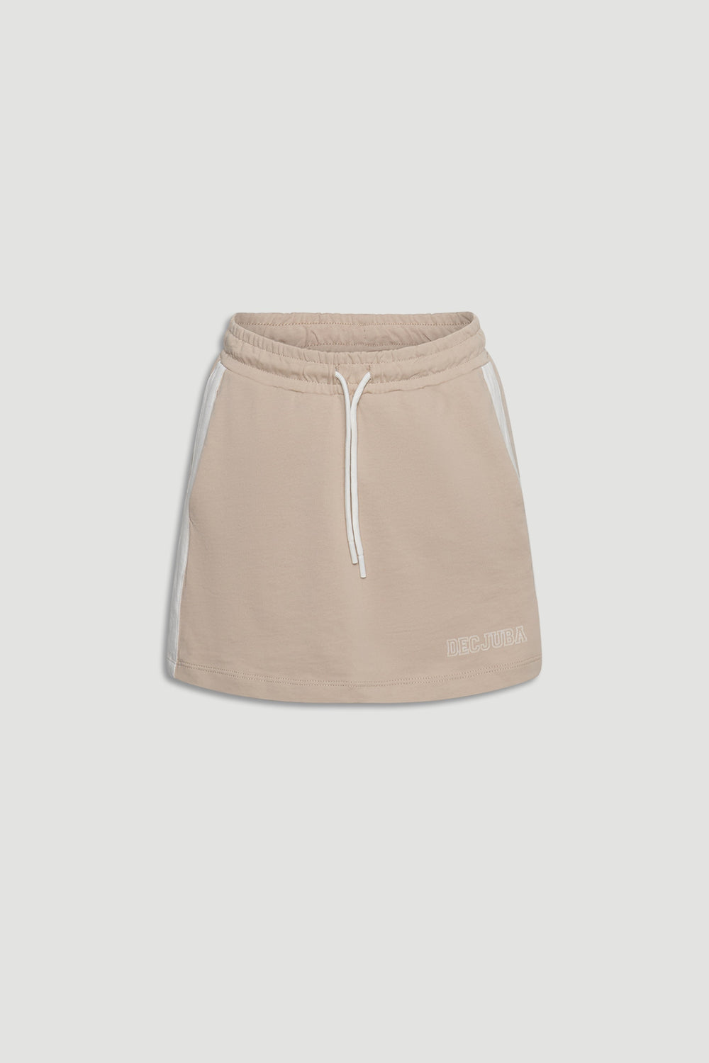 Beige girls' pull-on skirt with elastic waistband, side pockets, white drawstring, and subtle logo detail at hem.