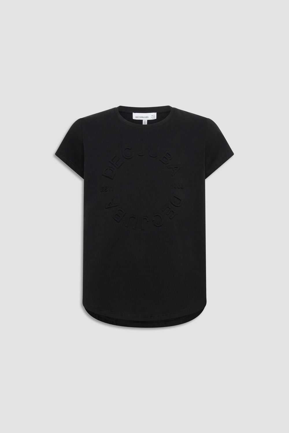 Black girls tee featuring subtle embossed circular logo detail and a relaxed fit with short sleeves.