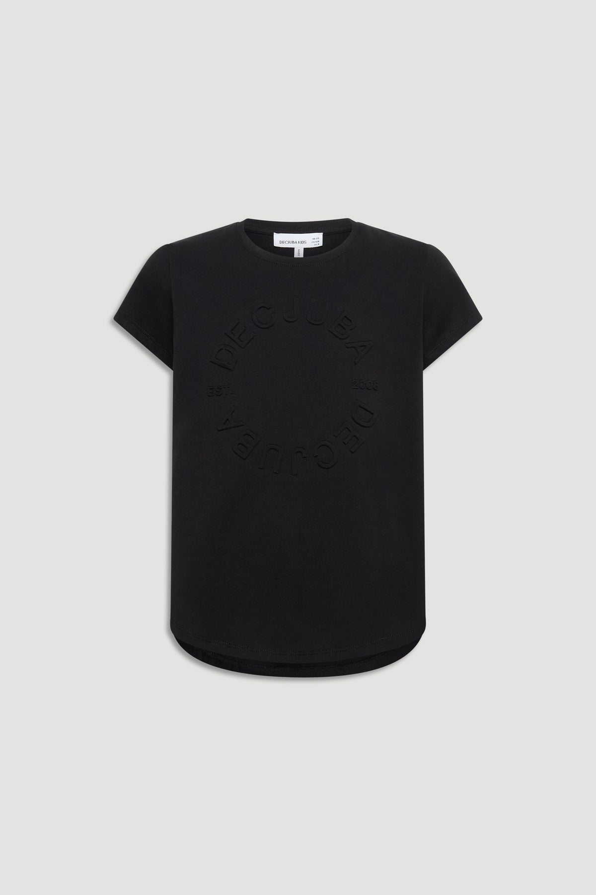 Black girls tee featuring subtle embossed circular logo detail and a relaxed fit with short sleeves.