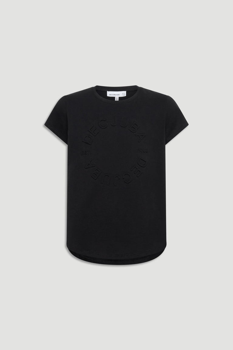 Black girls tee featuring subtle embossed circular logo detail and a relaxed fit with short sleeves.