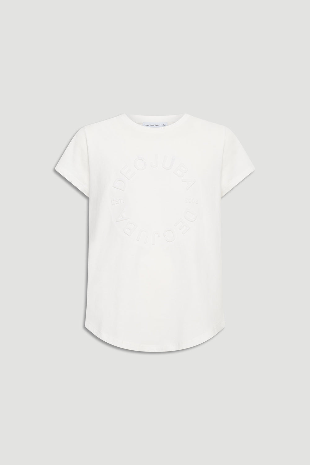 White girls' tee with short sleeves and subtle embossed circular logo design on the front.