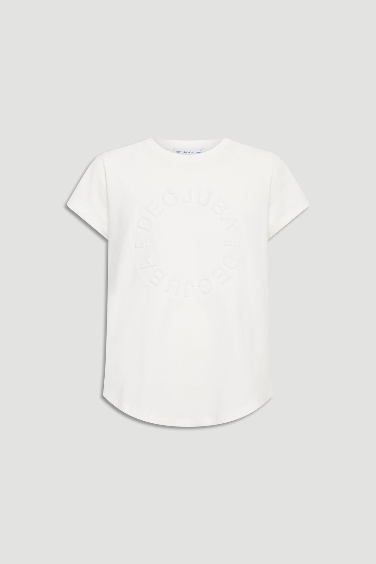White girls' tee with short sleeves and subtle embossed circular logo design on the front.