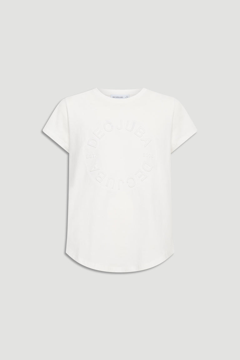 White girls' tee with short sleeves and subtle embossed circular logo design on the front.