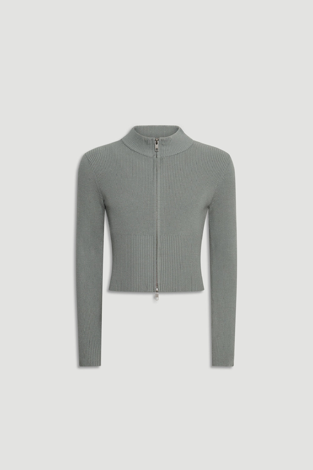 Girls Matilda Zip Up Knit in soft sage green with a fitted ribbed design, offering versatile knitwear by DECJUBA Australian brand