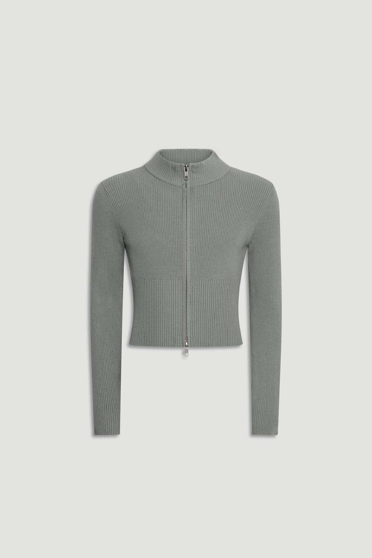 Girls Matilda Zip Up Knit in soft sage green with a fitted ribbed design, offering versatile knitwear by DECJUBA Australian brand