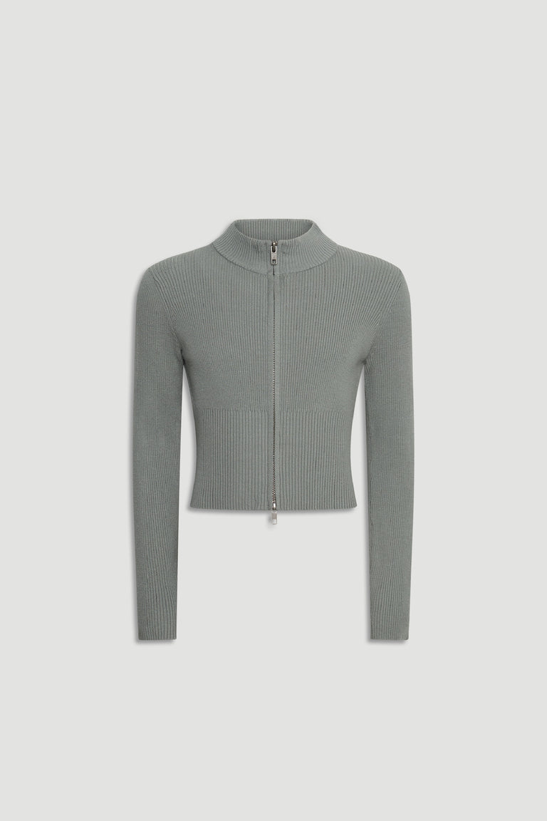Girls Matilda Zip Up Knit in soft sage green with a fitted ribbed design, offering versatile knitwear by DECJUBA Australian brand
