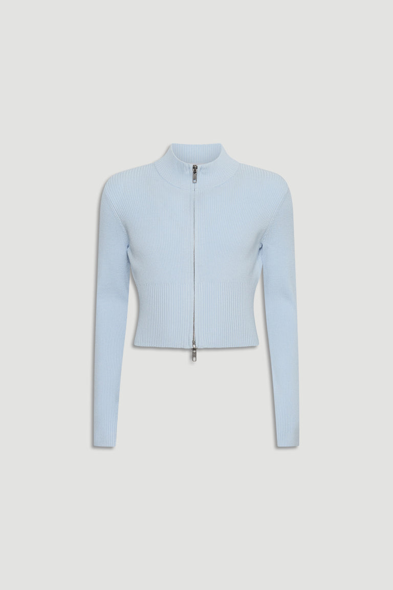 Girls Matilda Zip Up Knit in pastel blue with ribbed knit texture and zip closure, versatile style by DECJUBA Australian brand