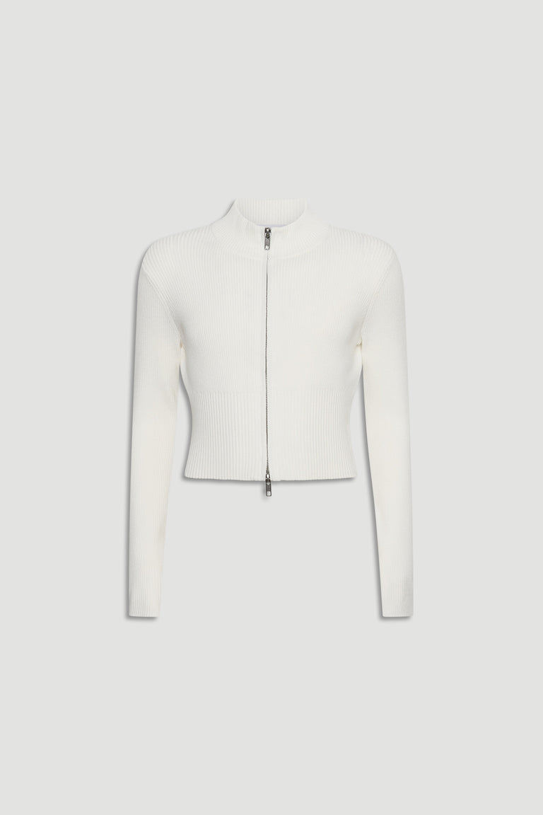 Girls Matilda Zip Up Knit in crisp white with ribbed knit texture and a full zip front by DECJUBA Australian fashion brand
