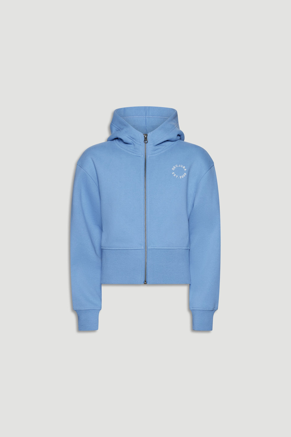 Light blue cropped zip-up hoodie for girls with a hood and subtle logo detail on the chest.