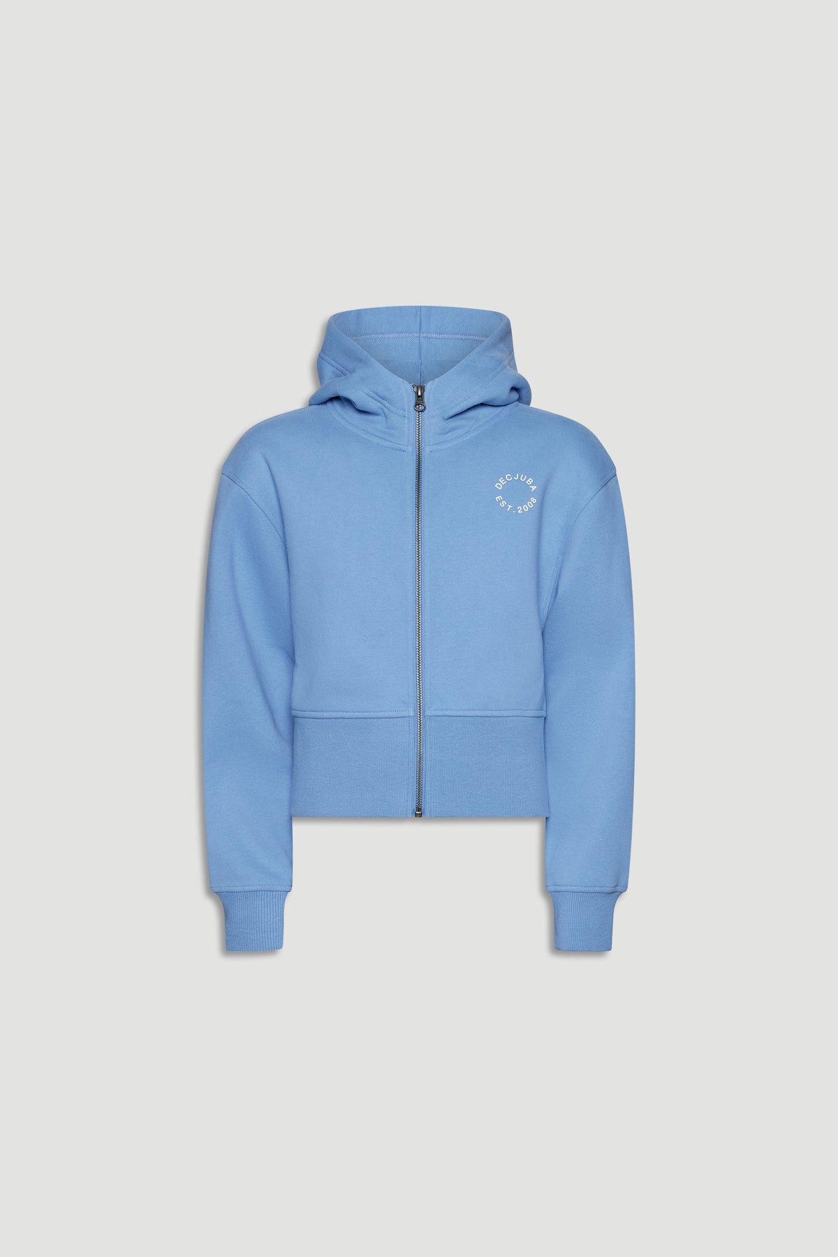 Light blue cropped zip-up hoodie for girls with a hood and subtle logo detail on the chest.