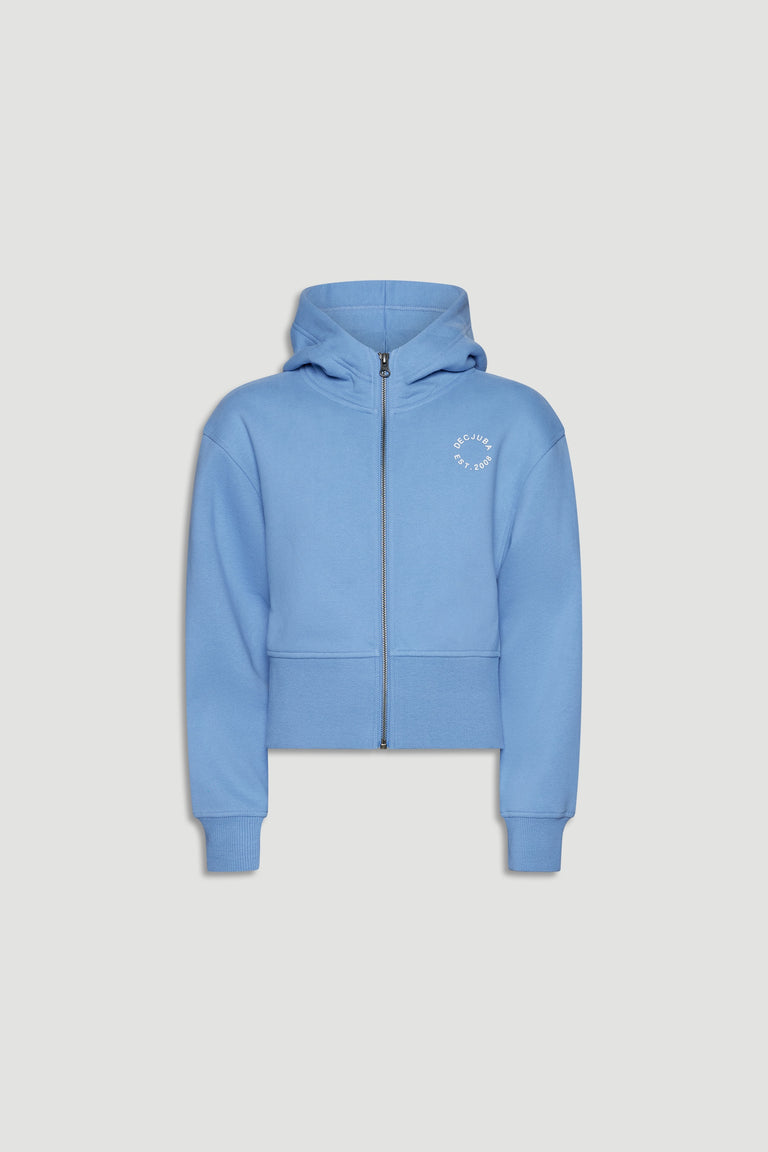 Light blue cropped zip-up hoodie for girls with a hood and subtle logo detail on the chest.