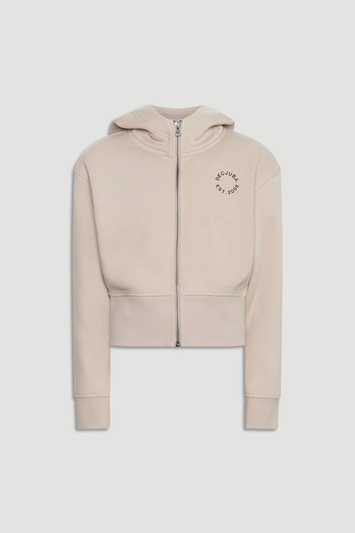 Light beige cropped zip-up hoodie with hood and subtle logo detail, designed for a trendy girls' casual look.