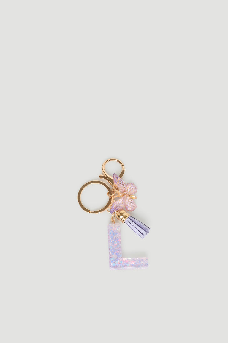 Girls Initial Key Ring with glittery lavender letter L, pink floral charm, and soft purple tassel for stylish accessorizing.