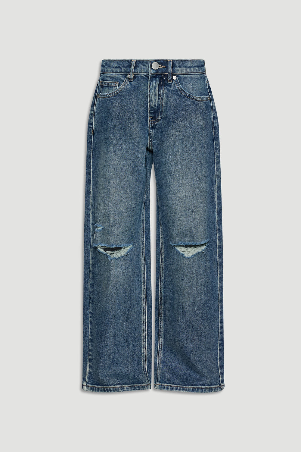Classic blue girls' denim jeans with a relaxed fit and distressed knee details for a casual, stylish look.