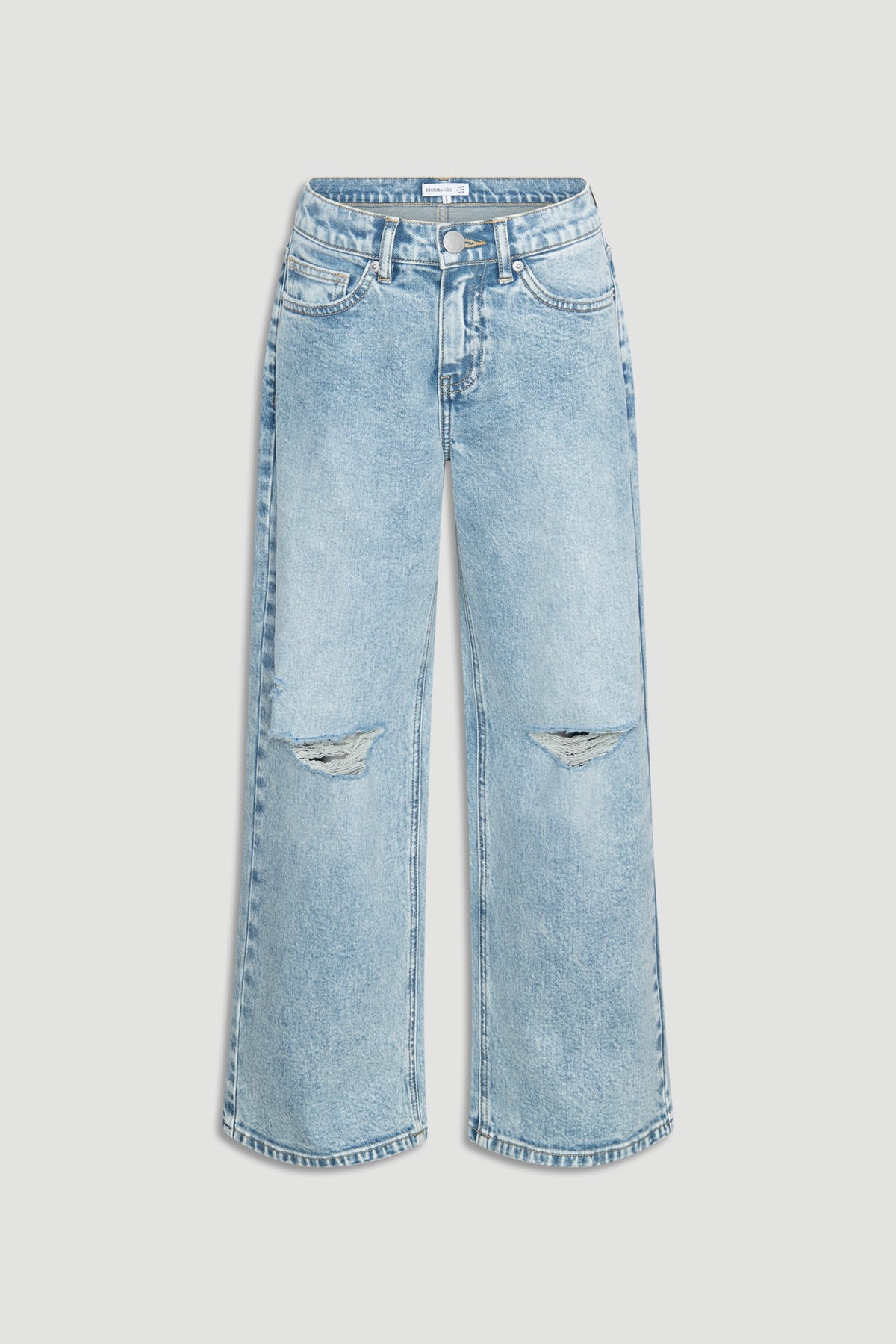 Light wash girls' baggy denim jeans with ripped detailing at the knees and a relaxed, comfortable fit.