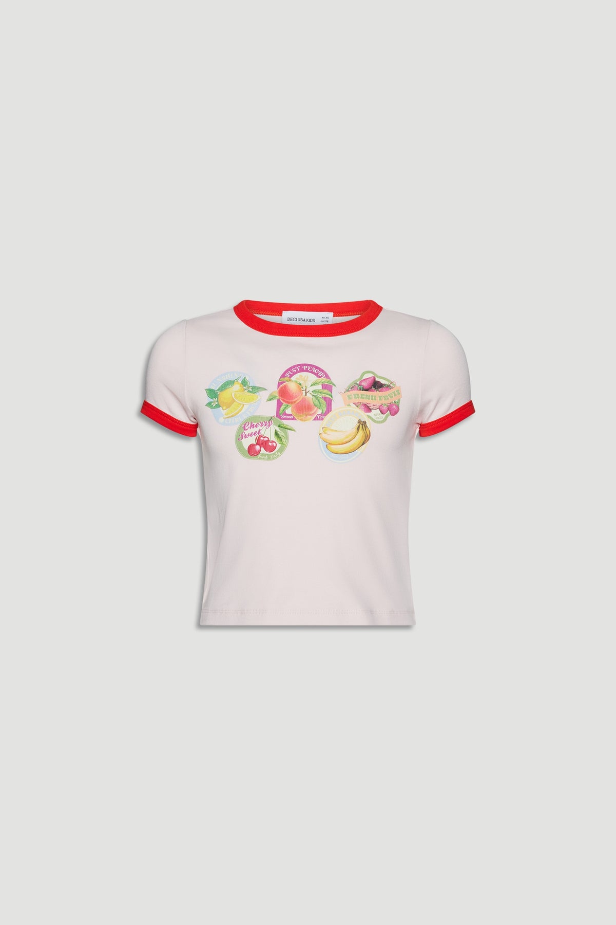 Girls cropped tee with red ringer trim and colorful fruit-themed vintage-style graphic prints on front