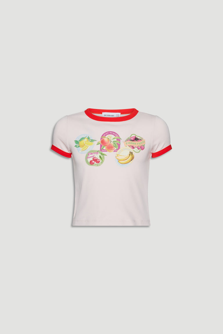 Girls cropped tee with red ringer trim and colorful fruit-themed vintage-style graphic prints on front
