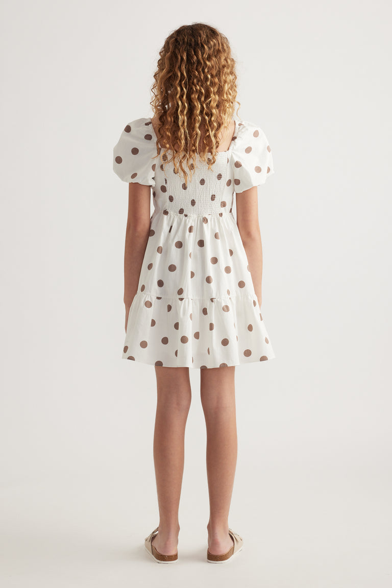 Back view of a girl wearing a white spot print dress with puff sleeves, shirred back and tiered above knee skirt