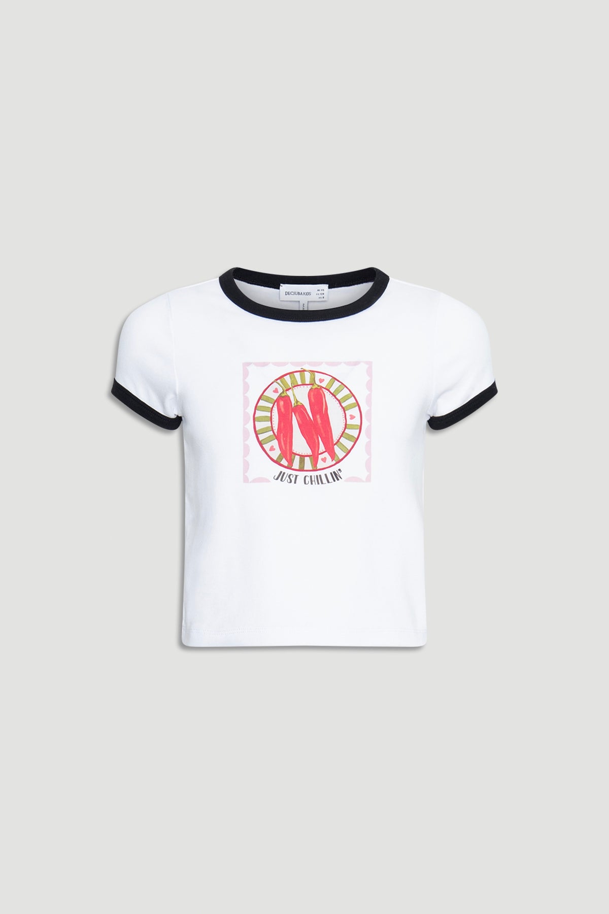 White girls ringer tee with black trim featuring a graphic of red chillies and "Just Chillin" text on front