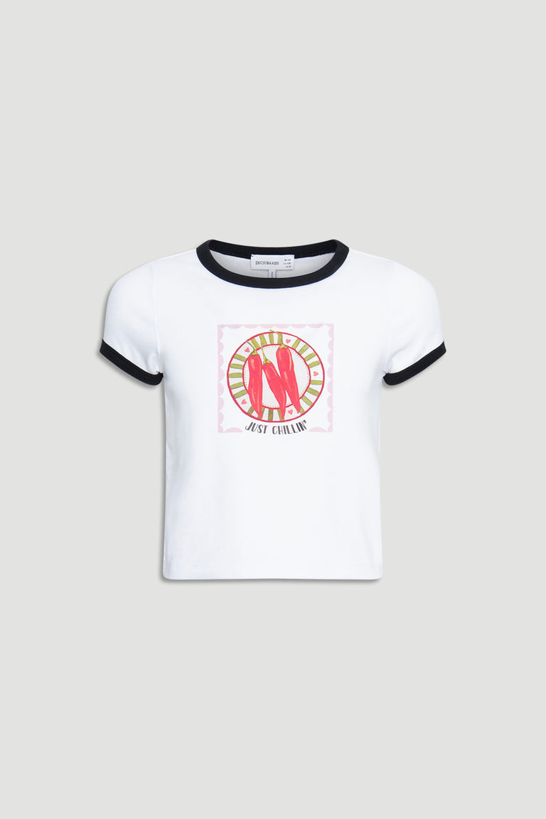 White girls ringer tee with black trim featuring a graphic of red chillies and "Just Chillin" text on front