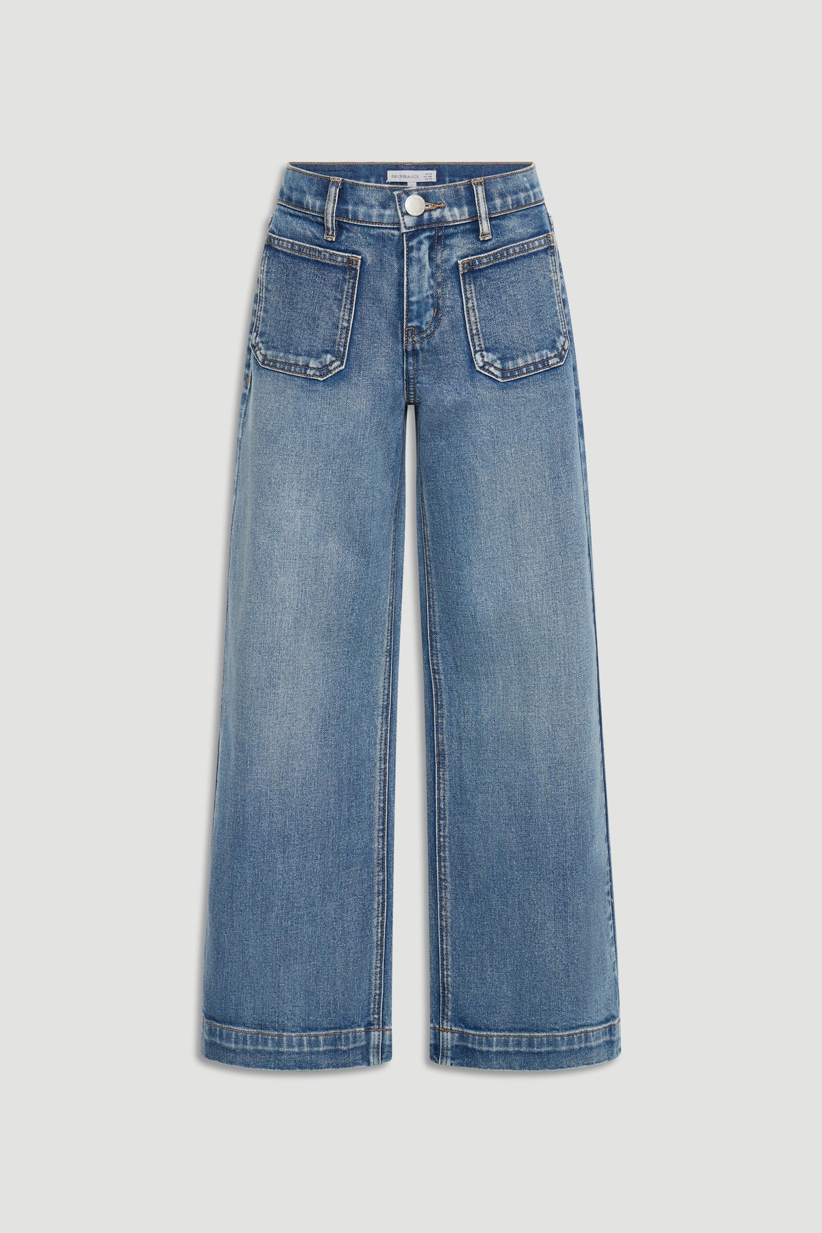 Girls' medium-wash wide leg jeans with large front pockets and classic belt loops for a relaxed, stylish fit.