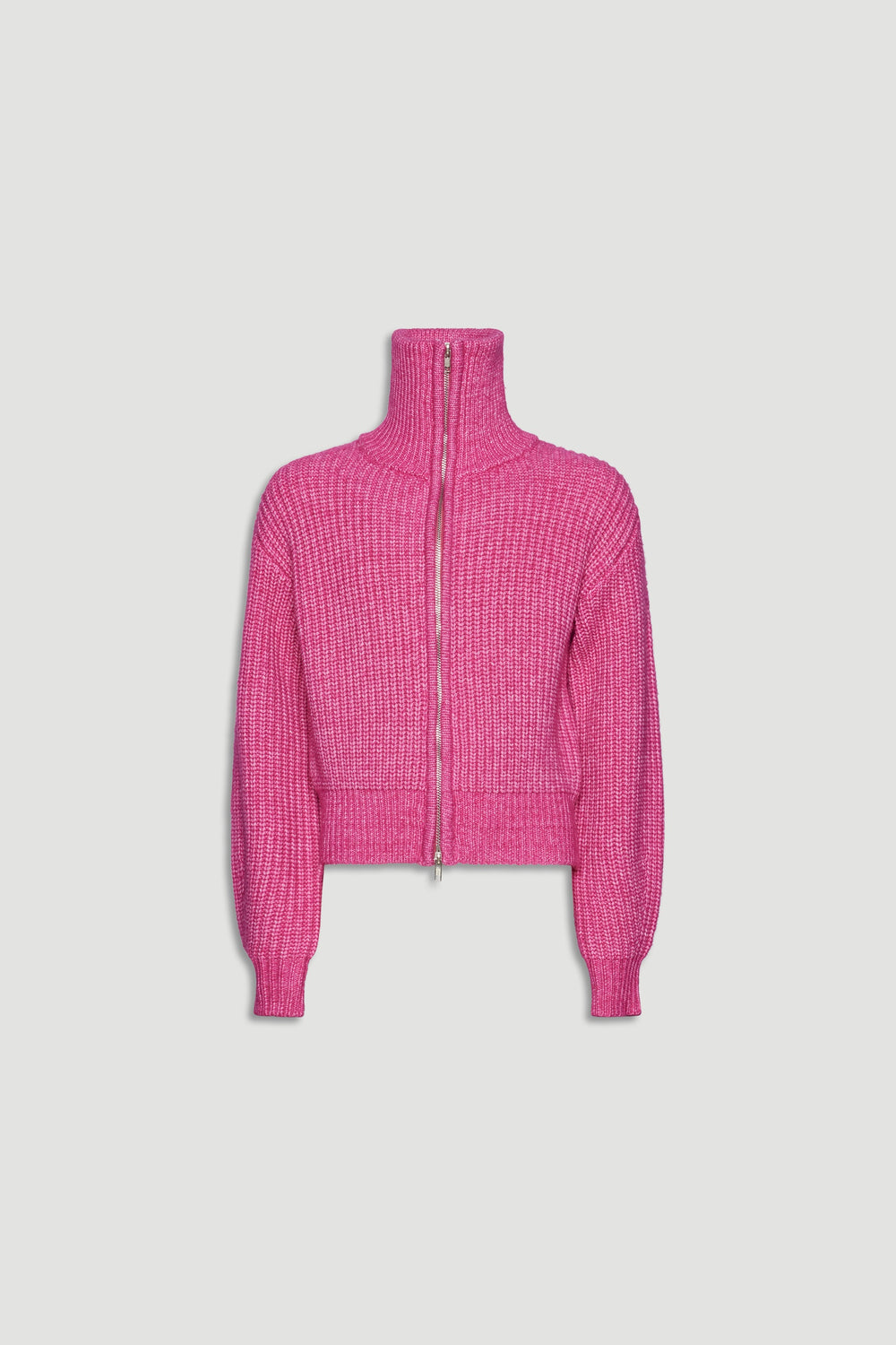 Bright pink zip-up knit sweater with a high collar and ribbed cuffs for a cozy, stylish layering piece.
