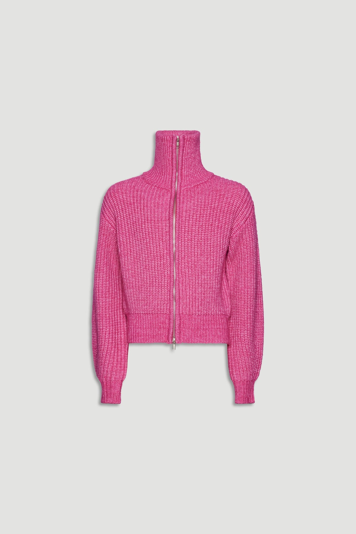 Bright pink zip-up knit sweater with a high collar and ribbed cuffs for a cozy, stylish layering piece.