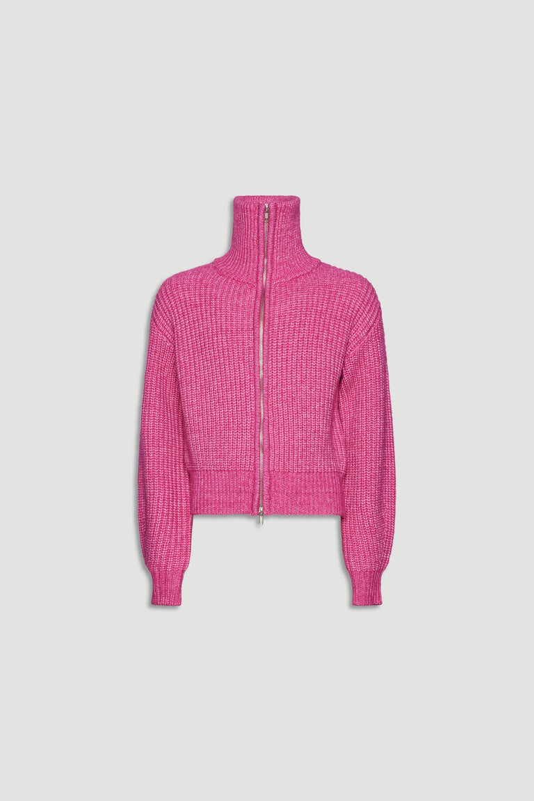 Bright pink zip-up knit sweater with a high collar and ribbed cuffs for a cozy, stylish layering piece.