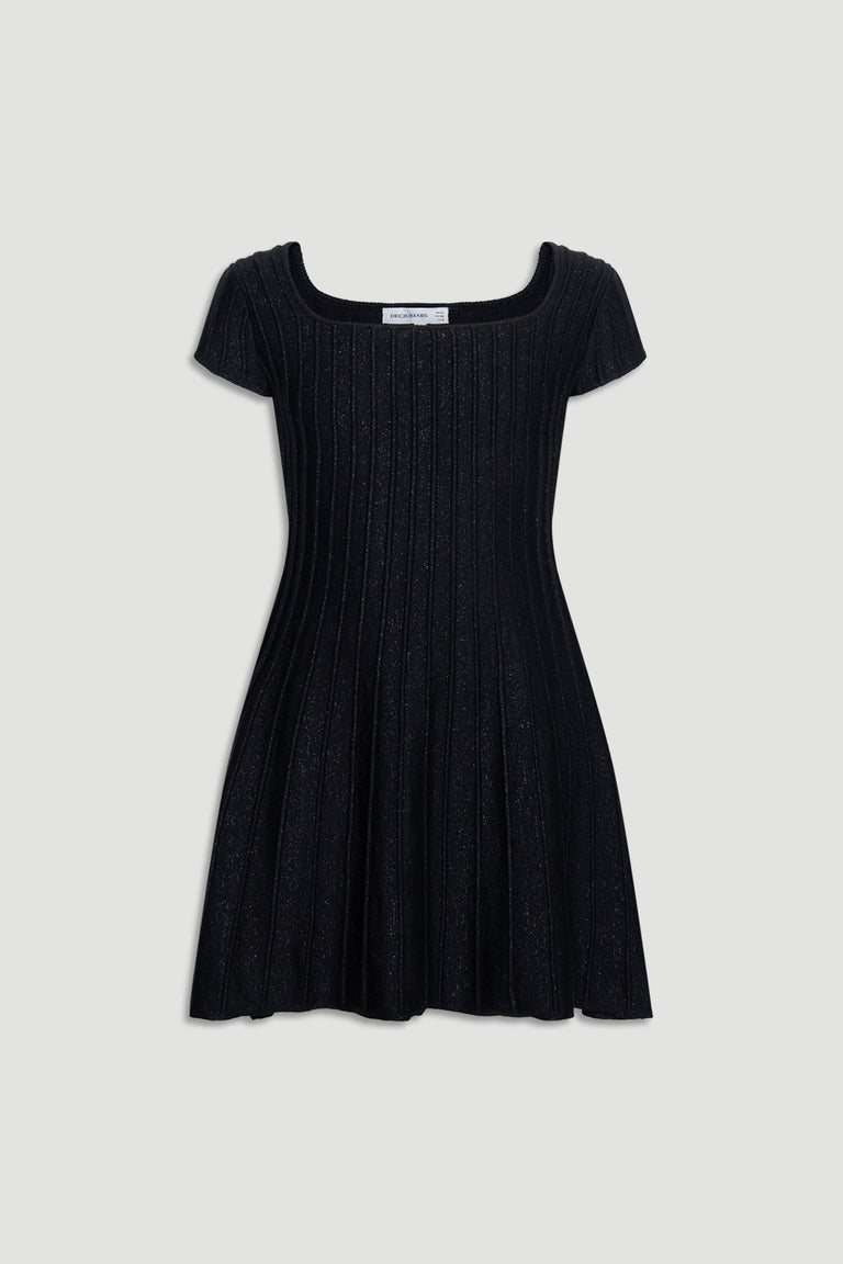 Girls Gemma Knit Dress in black with subtle sparkle, featuring a fitted ribbed bodice and flared skirt silhouette.