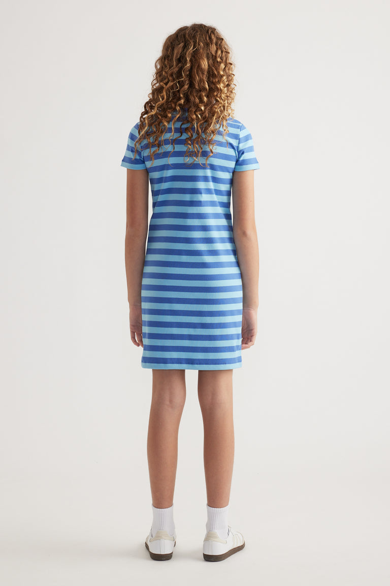Back view of girl wearing a blue and white striped ribbed T-shirt dress with short sleeves and an above-knee hem