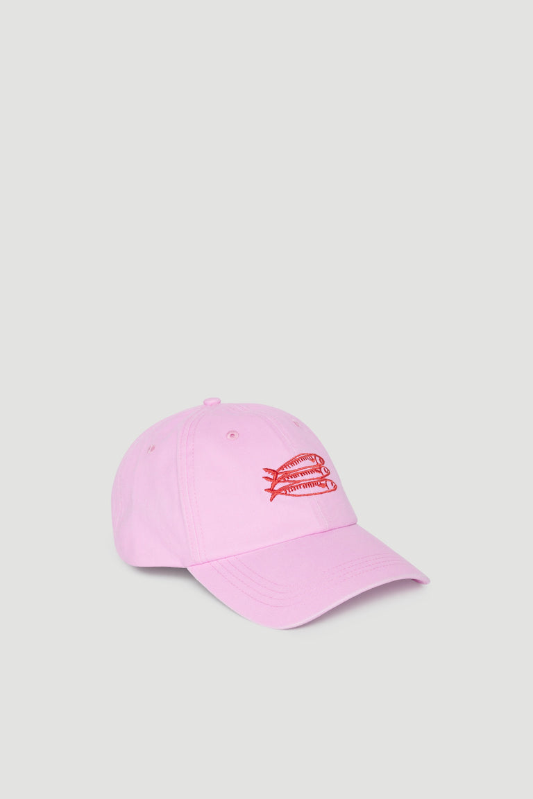 Pink girls cap with red sardine motif and curved brim