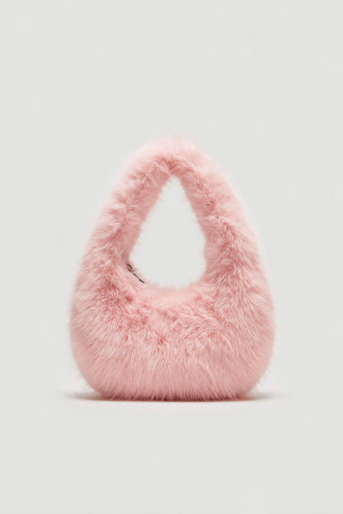 Pink fluffy shoulder bag with a soft plush texture, rounded shape and top handle