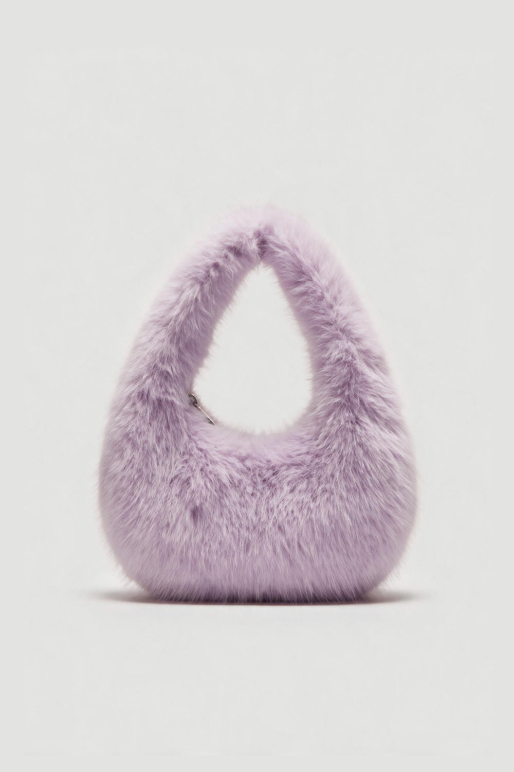 Lavender fluffy shoulder bag with a soft plush finish and rounded top handle