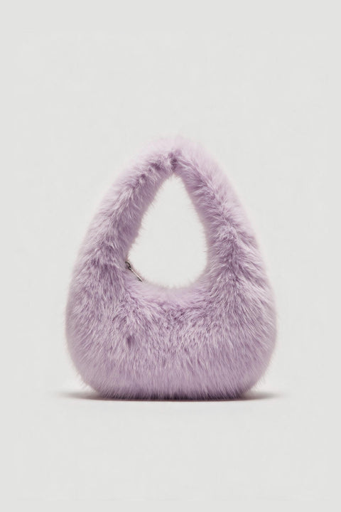 Lavender fluffy shoulder bag with a soft plush finish and rounded top handle