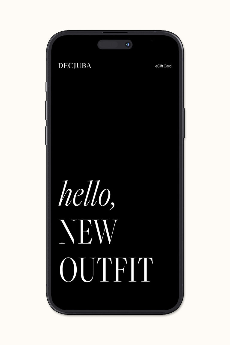 Smartphone screen displaying a sleek black digital gift card with white text saying "hello, new outfit